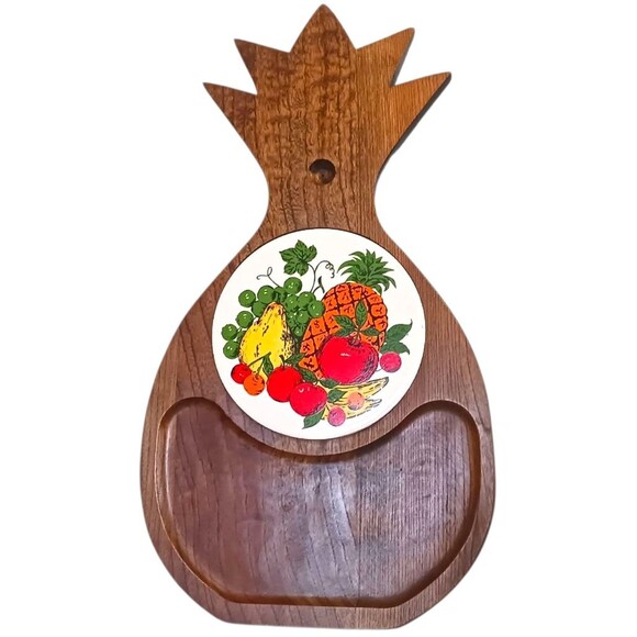 VTG MCM Charcuterie Party Pineapple Wood Cheese Fruit Board Mod Tile Cottagecore - Picture 1 of 4